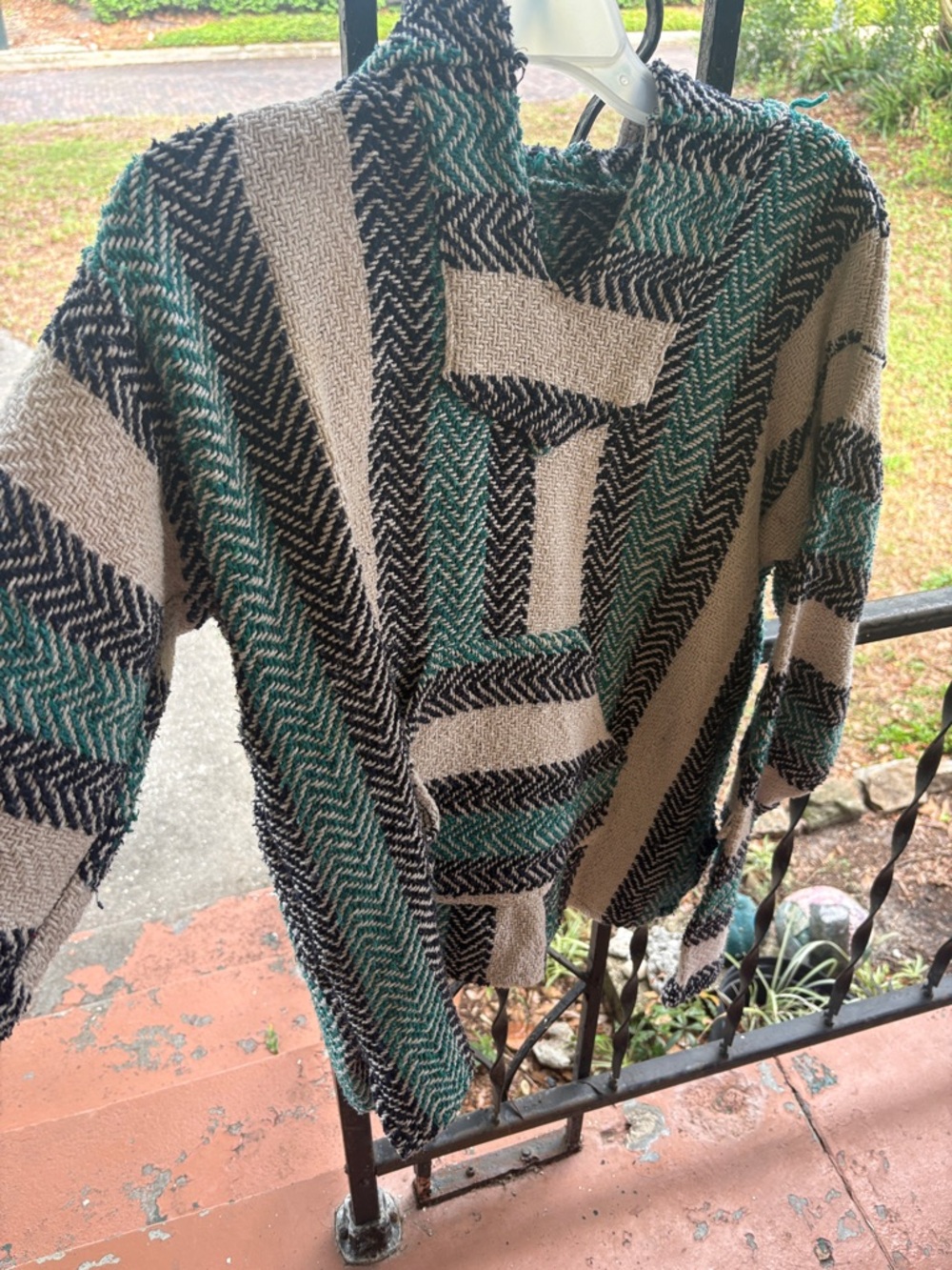 Striped Hooded Baja-Style Sweater in Teal, Black & Cream